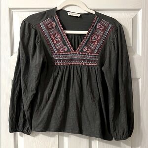 Lucky Brand Gray and Green Embellished Long Sleeve Blouse